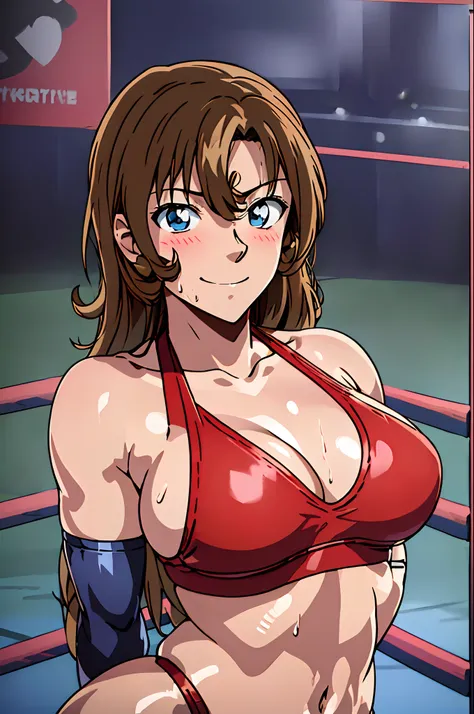 poster, anime style, hires ((wrestling ground)),  (female wrestler), (slender body, sweating, tired), mature woman, milf, (bikini, ultra detailed pro wrestling gear) victorious, gorgeous, winner, kind face, smile, closed mouth, (pale skin, shiny skin, ligh...