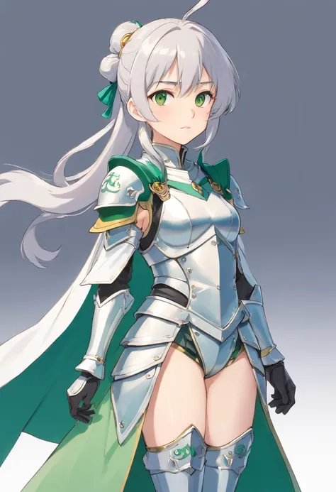 （8K，Best quality，style of anime），Ancient European realistic style armor，Silver-haired female knight，Green emerald pupils，High ponytail，Wearing silver-white armor，Delicate facial features，The drawing style is similar to that of characters in anime，Boots，Gai...