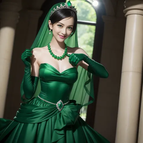 emerald tiara, Green Pearl Necklace, Boyish very short black hair, lipsticks, Japan woman smiling, very short short hair, big breasts beautiful, Green eyes, Long green gloves made of satin material, Green eyes, Emerald Earrings