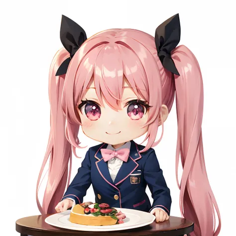 Cute chibi anime sitting on a plate, long pink hair with twin tails、Dark blue blazer、Wearing a uniform with a pink skirt, Smiling, Logo is cheap