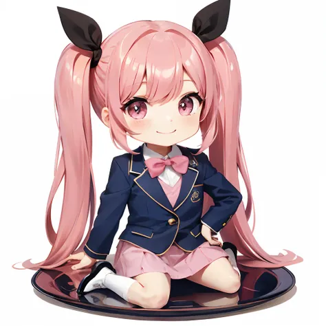 Cute chibi anime sitting on a plate, long pink hair with twin tails、Dark blue blazer、Wearing a uniform with a pink skirt, Smiling, Logo is cheap