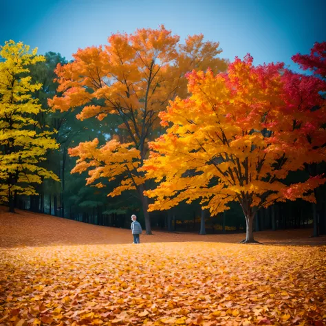 Create a visually stunning comical scene that embodies the beauty of fall in an unforgettable way. Pay special attention to composition and perspective, allowing the viewer to immerse themselves in the scene. Use warm, inviting colors to evoke the warmth o...