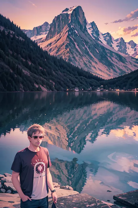 NathanLeserman, amidst the Swiss Alps, holds a vintage Swiss watch, a family heirloom. The snow-capped mountains serve as a majestic backdrop, their peaks kissed by the setting sun. His summer attire, a breathable t-shirt and cargo shorts, contrasts with t...