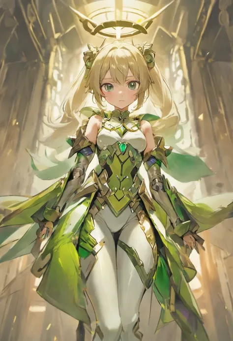 （8K，Best quality，style of anime），Ancient European realistic style armor，Silver-haired female knight，Green emerald pupils，High ponytail，Wearing silver-white armor，Delicate facial features，The drawing style is similar to that of characters in anime，Boots，Gai...