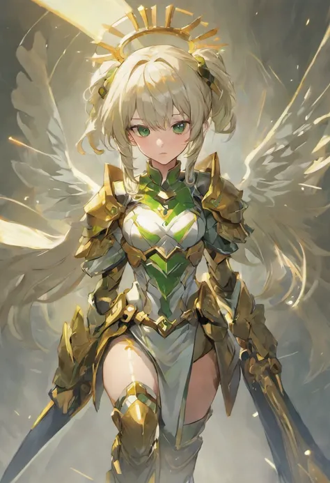 （8K，Best quality，style of anime），Ancient European realistic style armor，Silver-haired female knight，Green emerald pupils，High ponytail，Wearing silver-white armor，Delicate facial features，The drawing style is similar to that of characters in anime，Boots，Gai...