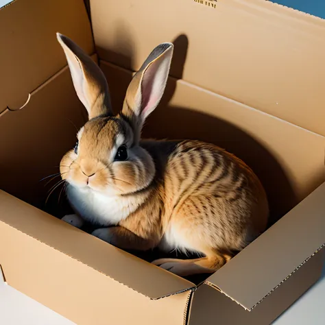 (Ultra Fine CG Unity 8k Wallpaper, Masterpiece, Best Quality, Ultra Detailed), (Best Lighting, Best Shadow, Extremely Delicate and Beautiful), (Cute Rabbit), (Sleeping in a cardboard box)