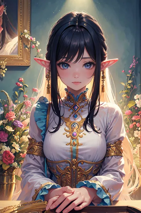 (best quality,ultra-detailed),(realistic:1.37) portrait of a cute girl with mesugaki hairstyle. She has a beautiful face, with mesmerizing eyes and luscious long hair. She embodies the essence of an elf, radiating a magical aura. The portrait captures her ...