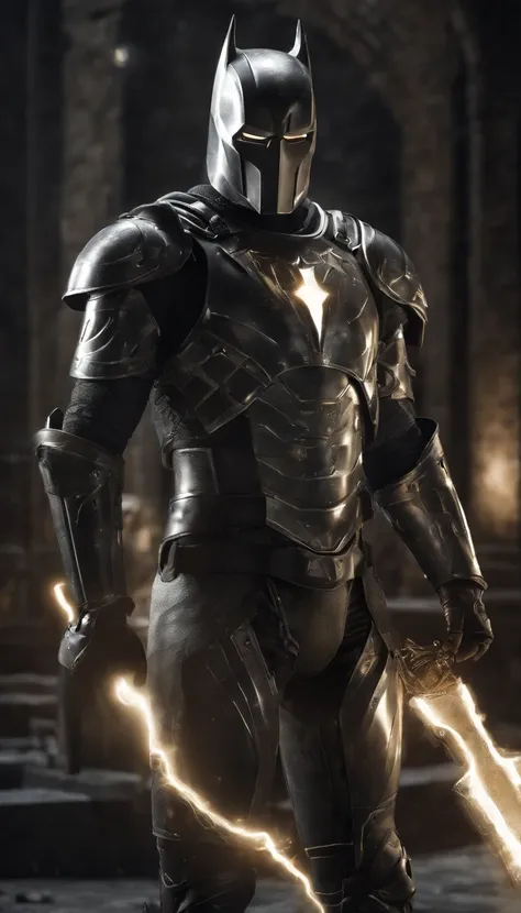 a super high-detailed and realistic image of a cyberpunk-style knight in a silver-black batman superhero from-dc, inspired body armor with a glowing lightning charge: "Generate an extraordinary and highly detailed image of a cyberpunk-style knight donning ...