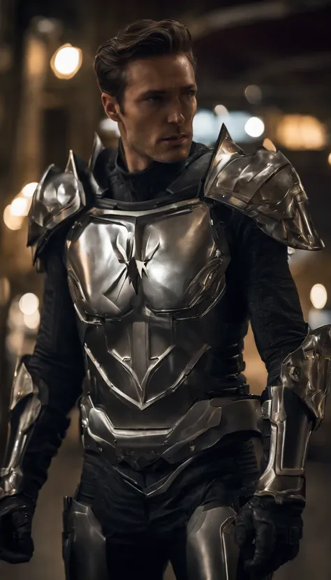 a super high-detailed and realistic image of a cyberpunk-style knight in a silver-black batman superhero from-dc, inspired body armor with a glowing lightning charge: "Generate an extraordinary and highly detailed image of a cyberpunk-style knight donning ...