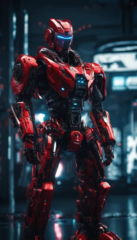 ultra-wide photo red sci-fi armor with cyber helmet, lights on cyber mask, full armor, insulated armor, angry, active pose, strong warrior, weapon, optimus prime style, bald head, lots of fine detail, sci-fi dark movie style, background: spaceship, photogr...