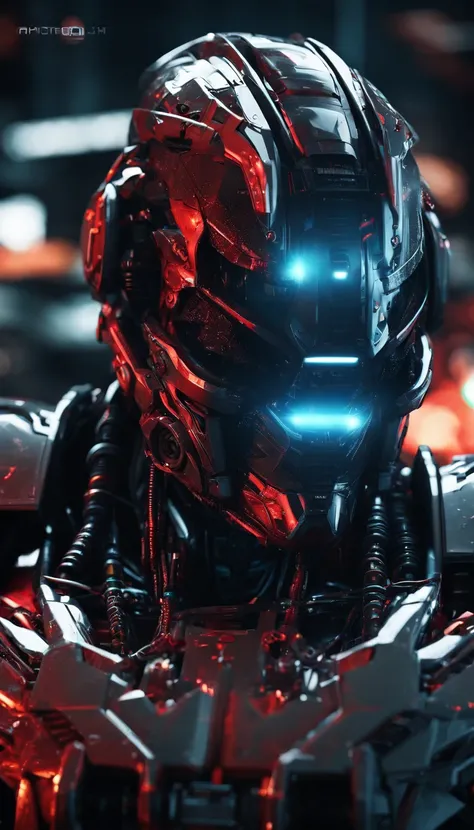 ultra-wide photo red sci-fi armor with cyber helmet, lights on cyber mask, full armor, insulated armor, angry, active pose, strong warrior, weapon, optimus prime style, bald head, lots of fine detail, sci-fi dark movie style, background: spaceship, photogr...