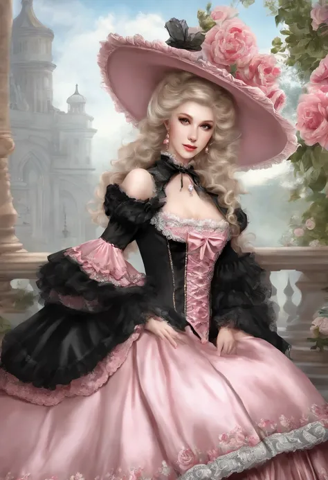 Arafe in a pink and black dress and hat, Takanobu Fujiwara(Takanobu Fujiwara)Digital rendering inspired by, pixiv, rococo, Victoria Gothic Lolita Fashion, Lolita Style, Rococo Queen (Rococo Queen) (Rococo Queen (Rococo Queen)) , rococo dress,  lolita fashi...