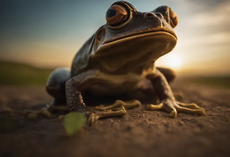 Big frog jumps high.., Side View, Float in the air, opened mouth, Theres a moon at the mouth..