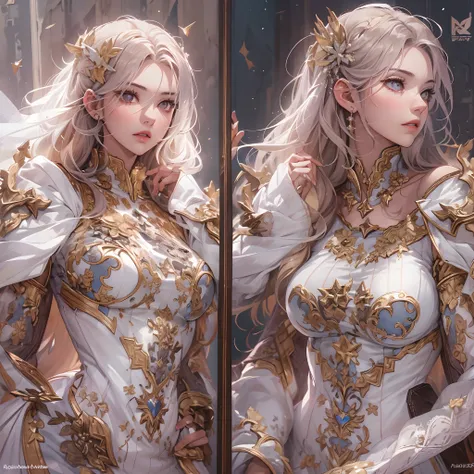 ((Masterpiece, Highest quality)), Detailed face， full bodyesbian, Full of details, Multiple poses and expressions, Highly detailed, Depth, Many parts，white backgrounid，Beautiful paladin girl，singers，estilo fantasia，Holding a shield，mirrors，Extremely beauti...