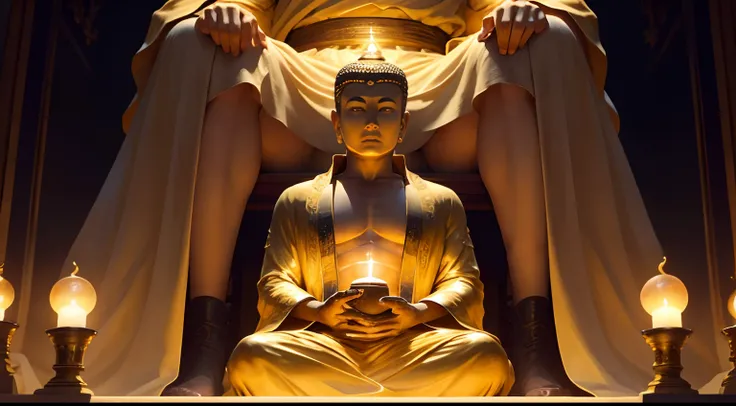 ​masterpiece、top-quality、The Great Buddha of a Man Facing Front、sitting on、Glowing in gold、Wearing robes、Deities々Right、brilliance、Do not show the skin、being thin、No skin exposure、The halo is pointing