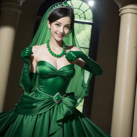 emerald tiara, Green Pearl Necklace, Boyish very short black hair, lipsticks, Japan woman smiling, very short short hair, big breasts beautiful, Green eyes, Long green gloves made of satin material, Green eyes, Emerald Earrings