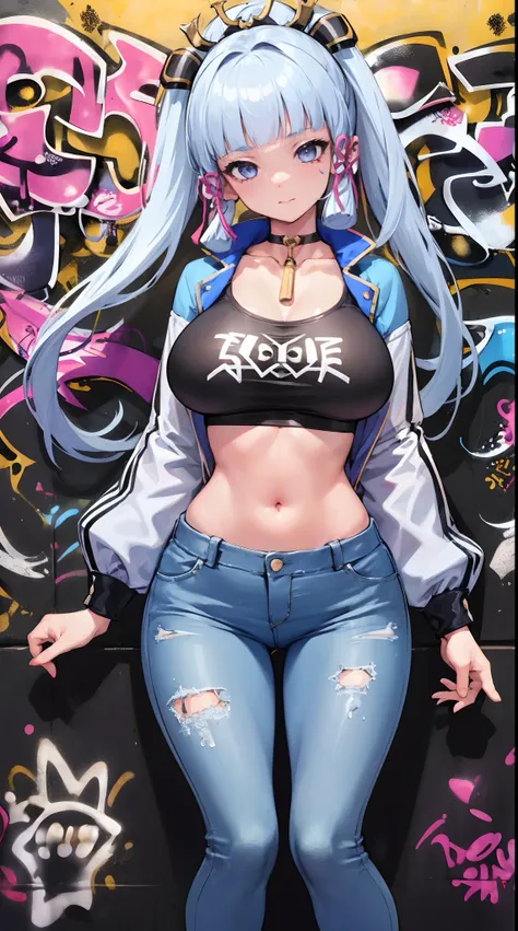 kamisato ayaka|genshin impact, master-piece, bestquality, 1girls,25 years old, proportional body, elongated legs, Beautiful, proportional., crop top, Long Jeans, gigantic breasts, ,bara, crop top, choker, (Graffiti:1.5), Splash with purple lightning patter...