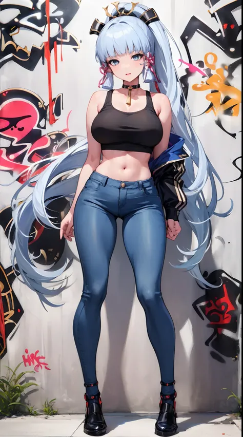 kamisato ayaka|genshin impact, master-piece, bestquality, 1girls,25 years old, proportional body, elongated legs, Beautiful, proportional., crop top, Long Jeans, gigantic breasts, ,bara, crop top, choker, (Graffiti:1.5), Splash with purple lightning patter...