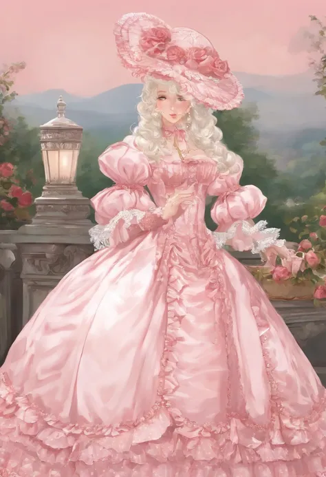 Arafe in a pink and white dress and hat, Takanobu Fujiwara(Takanobu Fujiwara)Digital rendering inspired by, pixiv, rococo, Victoria Gothic Lolita Fashion, Lolita Style, Rococo Queen (Rococo Queen) , rococo dress,  lolita fashion, one-piece,(lingerie:1.3)