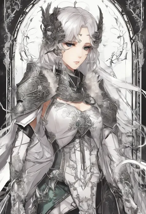 （8K，Best quality，style of anime），Ancient European realistic style armor，Silver-haired female knight，Green emerald pupils，High ponytail，Wearing silver-white armor，Delicate facial features，The drawing style is similar to that of characters in anime，Boots，Gai...