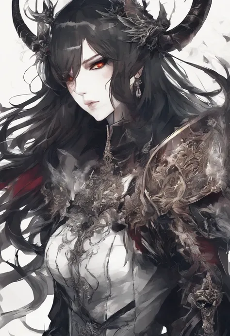 （8K，Best quality，style of anime），Ancient European realistic style armor，Black armor，male people，Devil parasitism，Smoke background，Black smoke，red color eyes，The drawing style is similar to that of characters in anime，with a pure white background，Character ...