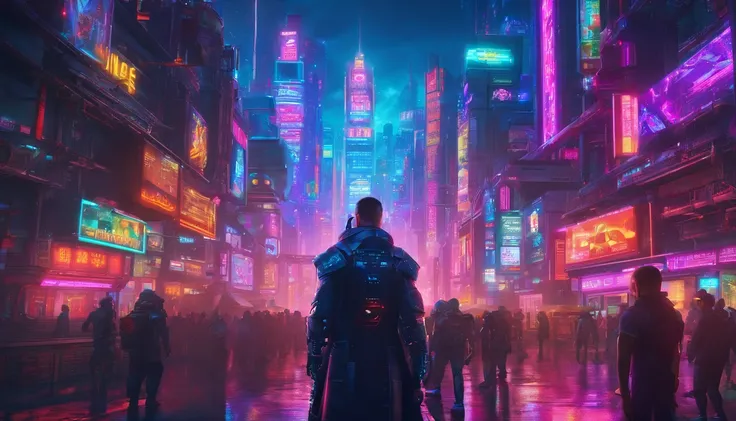 sci fi people standing surrounded by huge sci fi robotic cyborg city with intricate mechancial and sci-fi details, insane level of details, hyper realistic, cinematic, composition