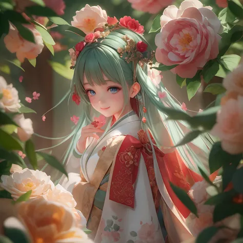 Movie Angle，（A cute girl，Single，anatomy correct，full bodyesbian，Masterpiece camellia，Representative work Hanfu，ssmile），（illustratio，paper art，3Drenderingof），（plethora of colors，Best quality，high detal，tmasterpiece，Cinematic lighting effects，4K，Chiaroscuro）