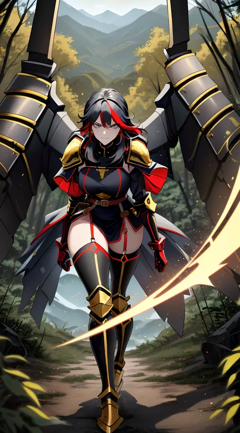 ((masterpiece, best quality)): 1girl, princess ryuko matoi wearing heavy red black and gold knight armor, heavy mech armor, cybe...