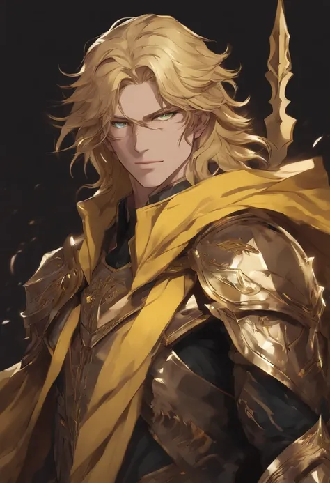 anime boy blonde long hair, Yellow Pupils, muscle body, rogue suit dark souls, trident in hands