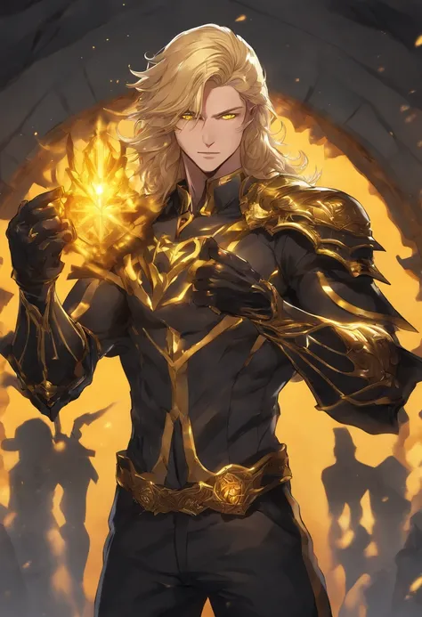 anime boy blonde long hair, Yellow Pupils, muscle body, rogue suit dark souls, trident in hands