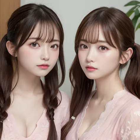 2 girls in、masutepiece, Best Quality, Illustration, Ultra-detailed, finely detail, hight resolution, 8K Wallpaper, Perfect dynamic composition, Beautiful detailed eyes,  Natural Lip,pink,blouse、 cleavage, up of face、,Swaying hair、twintails hair, Looking up...