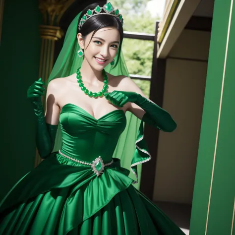 emerald tiara, Green Pearl Necklace, Boyish very short black hair, lipsticks, Japan woman smiling, very short short hair, big breasts beautiful, Green eyes, Long green gloves made of satin material, Green eyes, Emerald Earrings