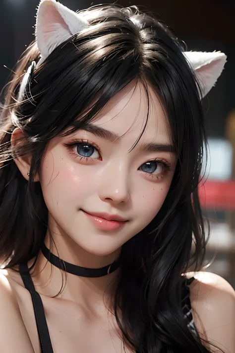 high qulity,super detailing,Jet black hair,mesmerizing eyes,faint blush,Fake animal ears,Sweet smile,Hydrated skin,Sweaty face,Close-up Shot Shot,perfect body figure,milk,In the room