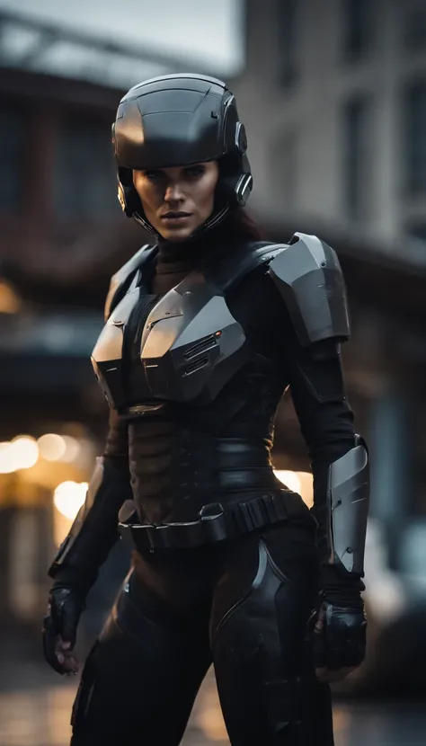 black armed female figure in sci-fi battle armor with cybernetic helmet, aiming on one knee, mask, sci-fi visor, bald head, armed figure, weapon in hand, aiming, plate armor, insulated armor, spacesuit, lots of small details, sci-fi movie style, on a ruine...