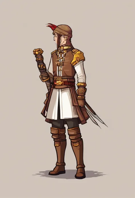 Ottoman cavalry dress，male people，shoun，nobles，Long white pants，Deerskin booties，with short brown hair，Sepia pupils，white backgrounid，Delicate facial features