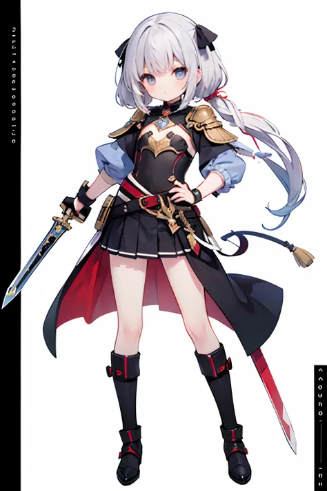 masutepiece,White background,teens girl,Sword and scabbard at the waist,flat chest,bare hand,breastplates,((Holding nothing)),full body