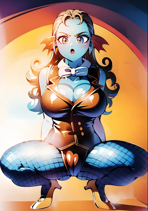 8K, High Definition, Animated, married woman, Beautiful, a small face, clean, Bright, Eye Highlights, Sexy, Erotic, beautiful line art.
light blue skin, Blue and orange gradient ear fins, Black Bunny Girl, Bunny suit, Red underwear pants, Glossy outfit, Ne...