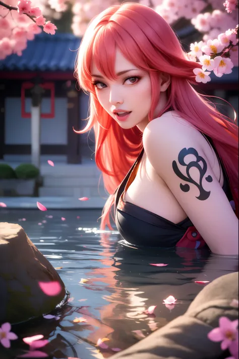 masterpiece, (photorealistic:1.5), best quality, beautiful lighting, real life, 
nami (one piece),
1girl, architecture, cherry blossoms, east asian architecture, falling petals, gold, japanese clothes, kimono, log pose, long pink hair, looking at viewer, o...