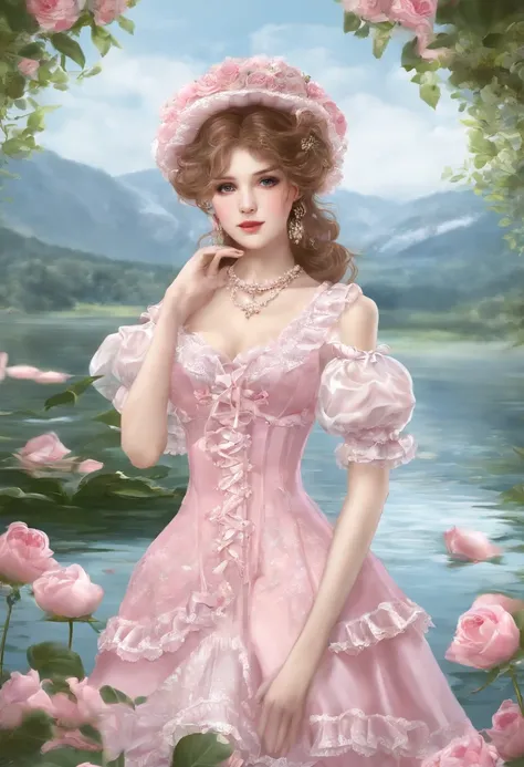 (lingerie:1.3),Pink and white dress, Takanobu Fujiwara(Takanobu Fujiwara)Digital rendering inspired by, pixiv, rococo, Victoria Gothic Lolita Fashion, Lolita Style, , rococo dress,  lolita fashion, one-piece,She is swimming in the lake in a dress,petticoat