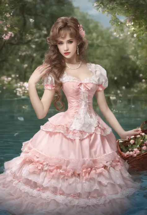 (lingerie:1.3),Pink and white dress, Takanobu Fujiwara(Takanobu Fujiwara)Digital rendering inspired by, pixiv, rococo, Victoria Gothic Lolita Fashion, Lolita Style, , rococo dress,  lolita fashion, one-piece,She is swimming in the lake in a dress,petticoat