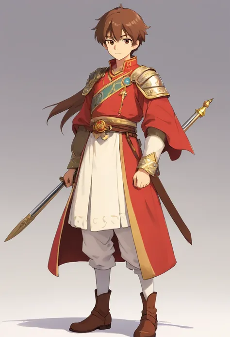 Ottoman cavalry dress，young  male，shoun，Noble boy，white pantie，Deerskin booties，with short brown hair，Sepia pupils，white backgrounid，Delicate facial features