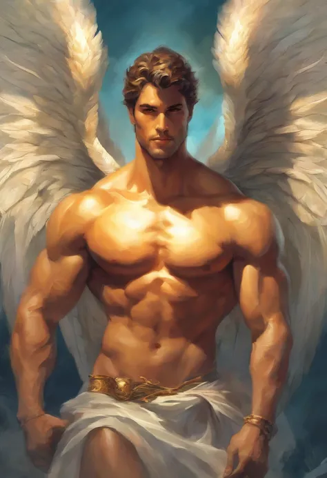 a painting of an angel man, with a beautiful face,((muscular body of man, sculptural body, strong,well-turned and muscular legs)), ((The rcanjo Miguel)), ((with several huge wings)), ((angel wings)), various positions, full body man, Frank Kelly Freas, Kar...