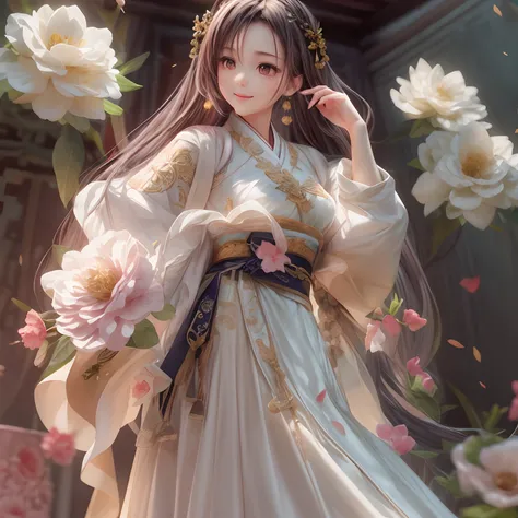 Movie Angle，（Cute girls，anatomy correct，full bodyesbian，Masterpiece camellia，Masterpiece Hanfu，ssmile），（illustratio，paper art，3Drenderingof），（plethora of colors，Best quality，high detal，tmasterpiece，Cinematic lighting effects，4K，Chiaroscuro）