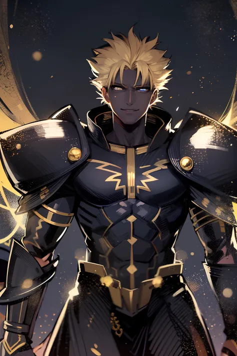 Homem, pele negra, olhos brancos, cabelos negros, Paladino dourado, Armadura Dourada Angelical, armadura de ouro claro, Fate Stay Night, armadura dourada, sorriso arrogante, cabelos espetados estilo gilgamesh