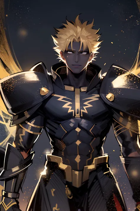 Homem, pele negra, olhos brancos, cabelos negros, Paladino dourado, Armadura Dourada Angelical, armadura de ouro claro, Fate Stay Night, armadura dourada, sorriso arrogante, cabelos espetados estilo gilgamesh