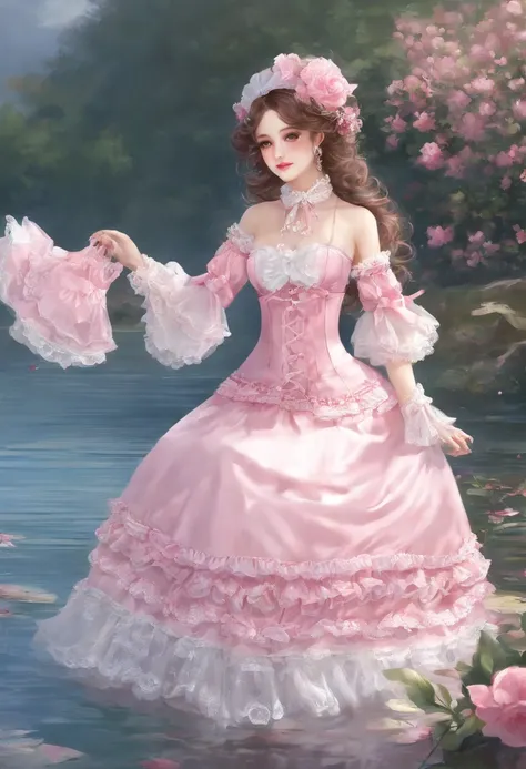 (lingerie:1.3),Pink and white dress, Takanobu Fujiwara(Takanobu Fujiwara)Digital rendering inspired by, pixiv, rococo, Victoria Gothic Lolita Fashion, Lolita Style, , rococo dress,  lolita fashion, one-piece,She is swimming in the lake in a dress,petticoat