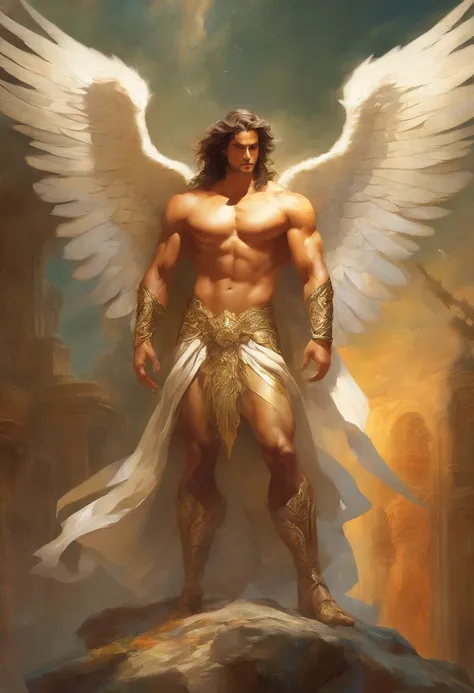 a painting of an angel man, with a beautiful face,((muscular body of man, sculptural body, strong,well-turned and muscular legs)), ((The rcanjo Miguel)), ((with several huge wings)), ((angel wings)), various positions, full body man, Frank Kelly Freas, Kar...