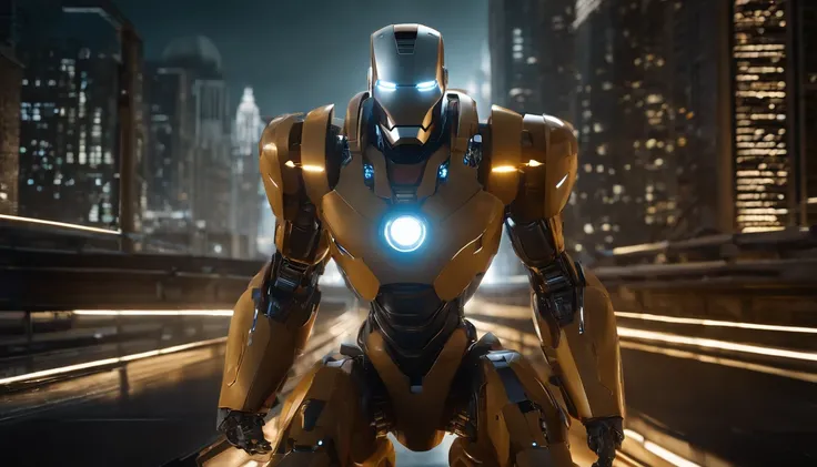 Iron man style babysitter ，(masterpiece,extreme detailed,top quality)，majestic-looking，Forward stance，Stunning colors，Set in a futuristic cyberpunk style city，the street，crowd of，（Movie lighting），（light and shadow effect），（unreal-engine），（Tyndall），（cinema4...