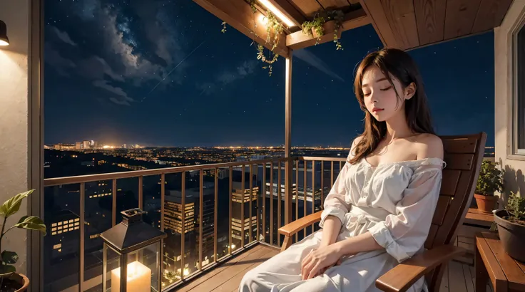 a girl sitting on a chair and taking nap eye closed at night in her balcony garden