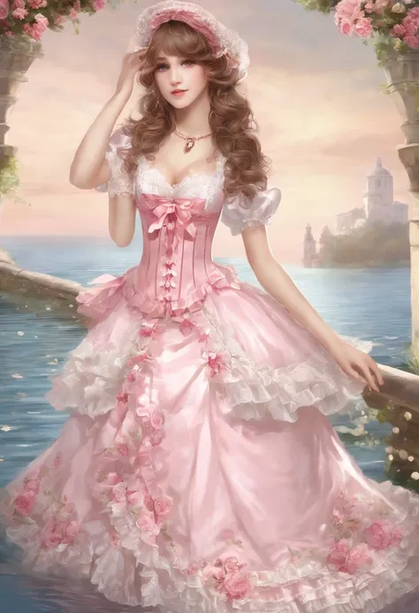 (lingerie:1.3),Pink and white dress, Takanobu Fujiwara(Takanobu Fujiwara)Digital rendering inspired by, pixiv, rococo, Victoria Gothic Lolita Fashion, Lolita Style, , rococo dress,  lolita fashion, one-piece,She is swimming in the lake in a dress,petticoat